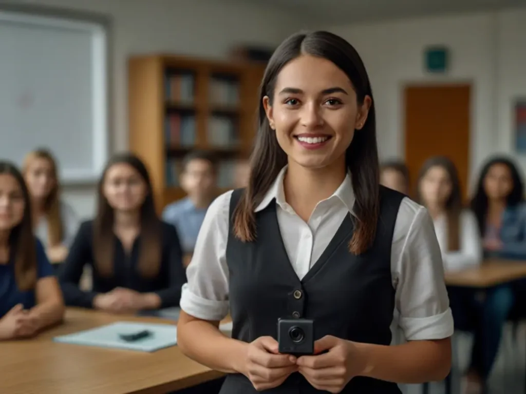 Professora segurando câmera