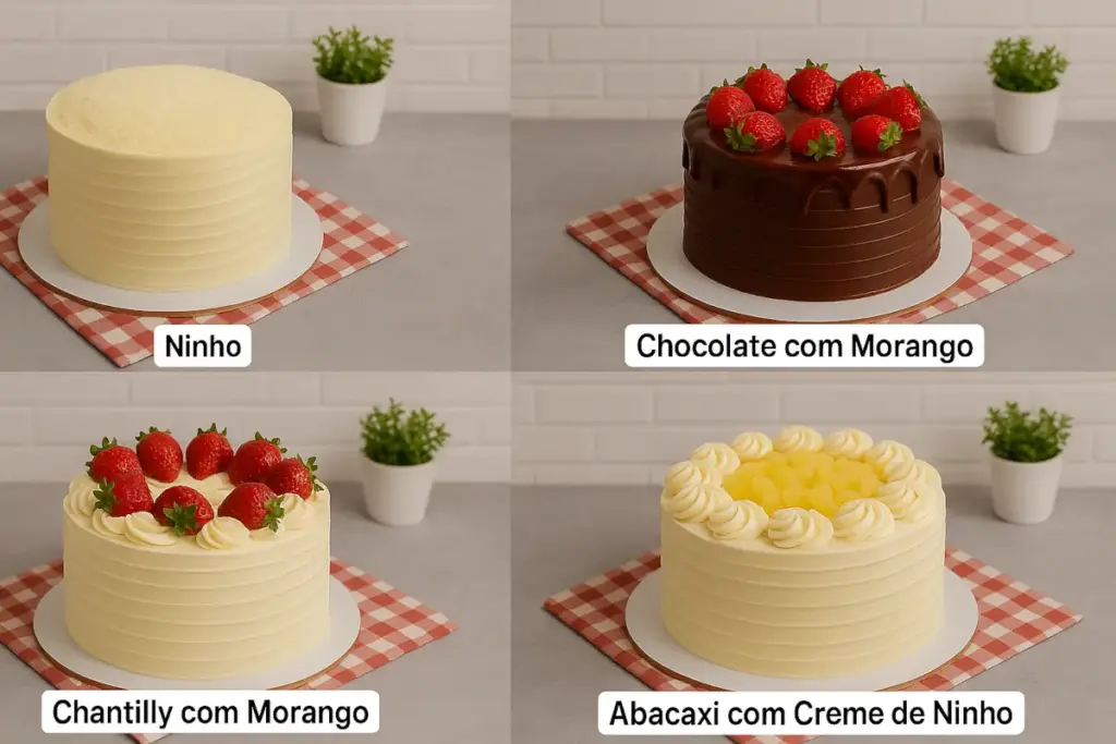 Quatro bolos decorados em uma mesa com toalha xadrez vermelha e branca, dispostos em duas fileiras: bolo de Ninho com cobertura cremosa, bolo de chocolate com morangos, bolo de chantilly com morangos e bolo de abacaxi com creme de Ninho