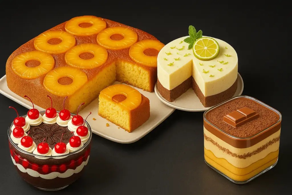 Quatro sobremesas deliciosas sobre uma superfície clara