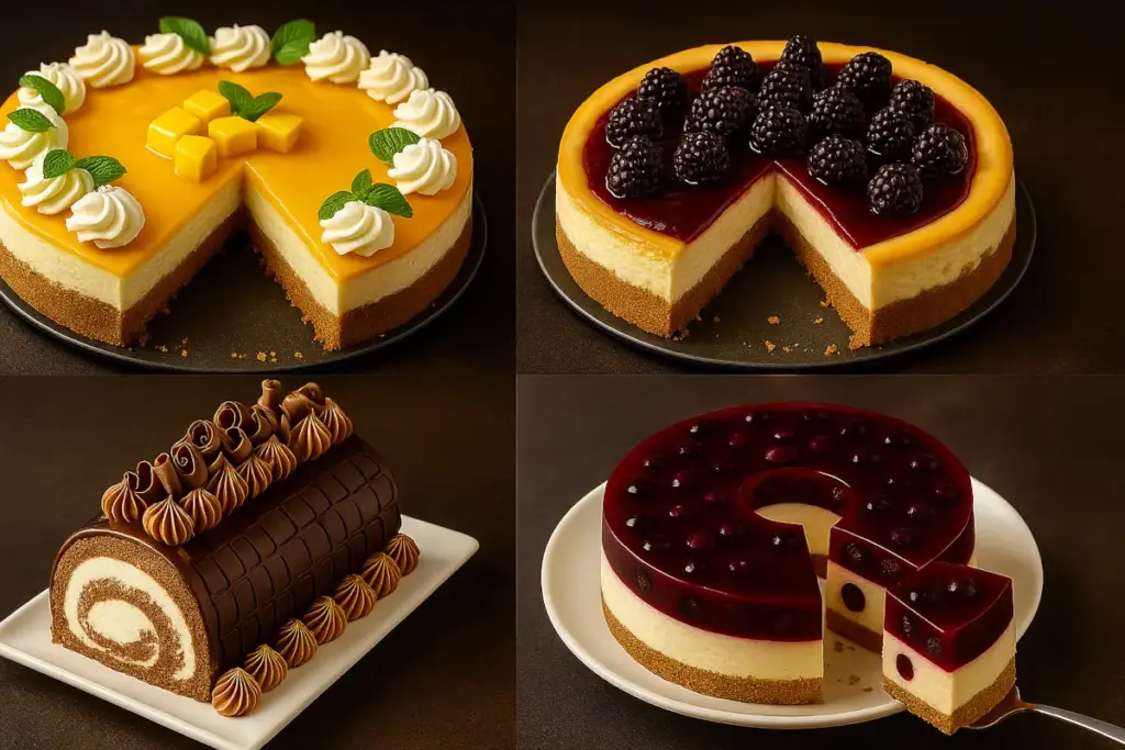 Quatro sobremesas refinadas em estilo gourmet — cheesecakes de manga e amora, um rocambole de chocolate e um cheesecake de cereja