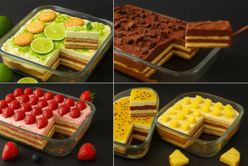 Quatro travessas de sobremesas geladas em camadas, cada uma com um sabor diferente — limão com biscoitos e raspas verdes, chocolate com pedaços de barra, morango com cobertura e frutas frescas, e maracujá com cubos de abacaxi.