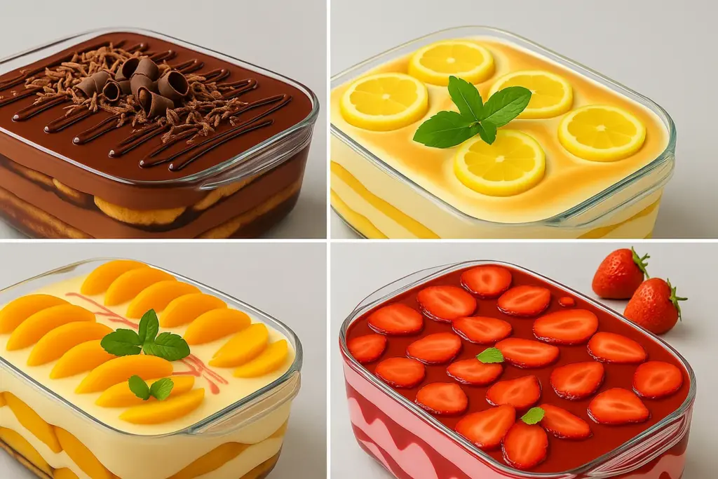 Quatro travessas de sobremesas geladas em camadas — chocolate, limão, pêssego e morango