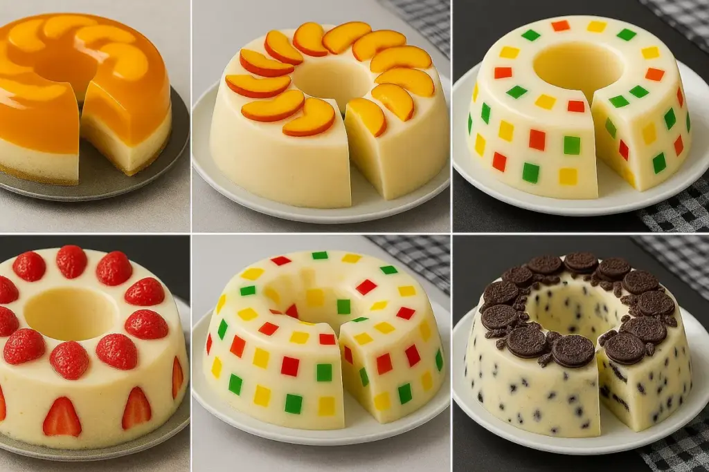 Seis sobremesas tipo pudim em formato de anel, coloridas e decoradas com frutas e biscoitos — incluindo versões com pêssego, morango, gelatina colorida e cookies
