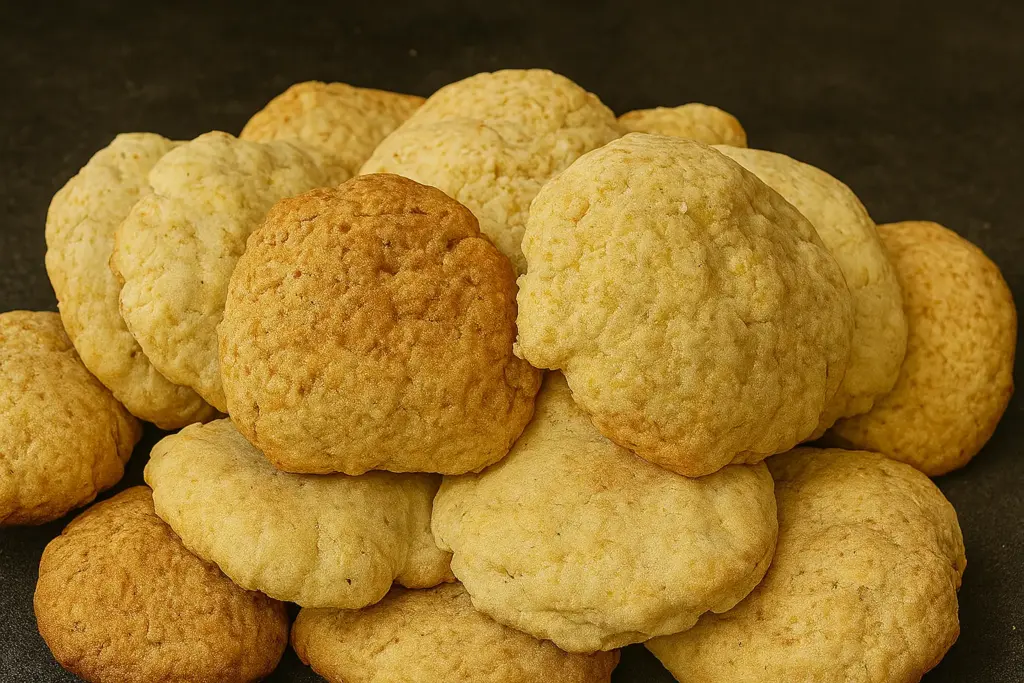 biscoitos caseiros dourados dispostos sobre uma superfície elegante com fundo neutro e iluminação suave, destacando a textura crocante e o aspecto artesanal das bolachas.