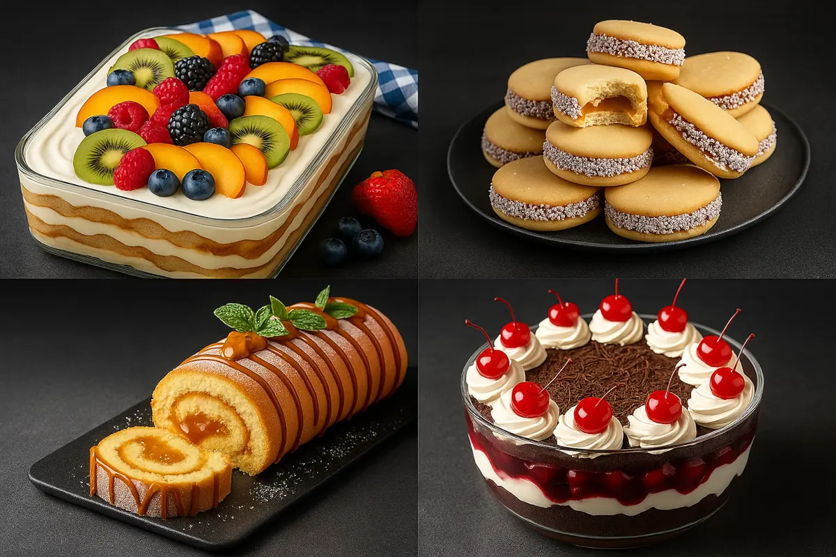 Quatro sobremesas dispostas em fundo escuro elegante — um pavê de frutas com camadas de creme e frutas frescas, um prato de alfajores recheados com doce de leite e coco, um rocambole de doce de leite decorado com calda e folhas de hortelã, e uma taça de sobremesa tipo floresta negra com chantilly e cerejas no topo.